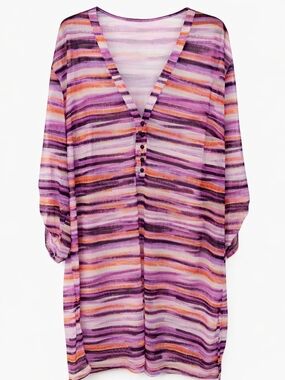 Gottex Profile Sheer Swim Cover Up Dress XL Pink Purple Stripe Beach Resort NWT